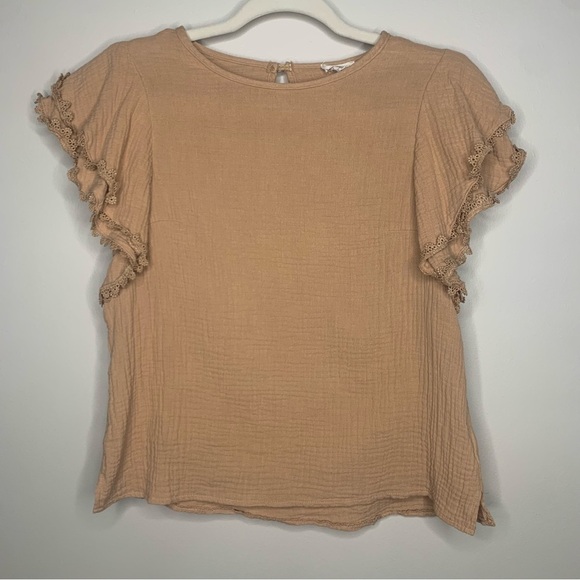 Tan Ruffle sleeve blouse Size Small- 100% cotton - Picture 2 of 8